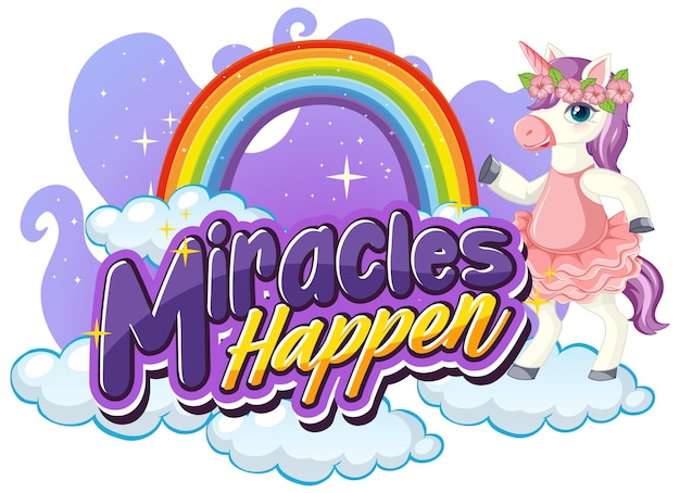 Gratis vector eenhoorn stripfiguur met miracles happen-lettertype