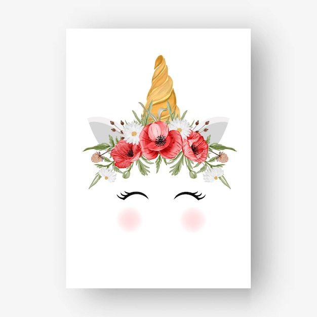 Gratis vector eenhoornkroon aquarel bloem rode klaproos