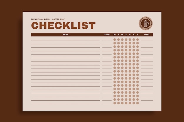 Eenkleurige checklist voor het openen en sluiten van een coffeeshop