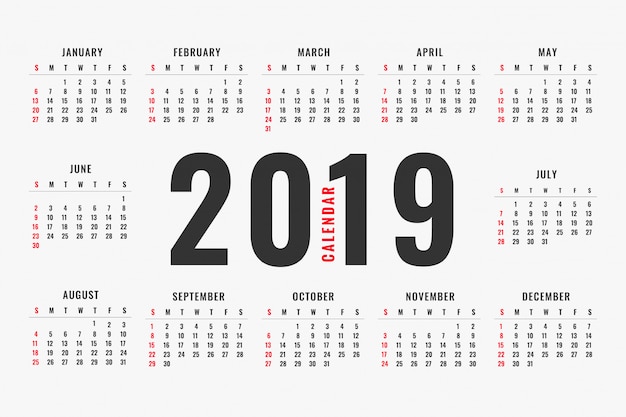 Gratis vector eenvoudig ontwerp van de kalender van 2019