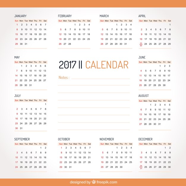 Eenvoudige 2017 kalender met oranje informatie