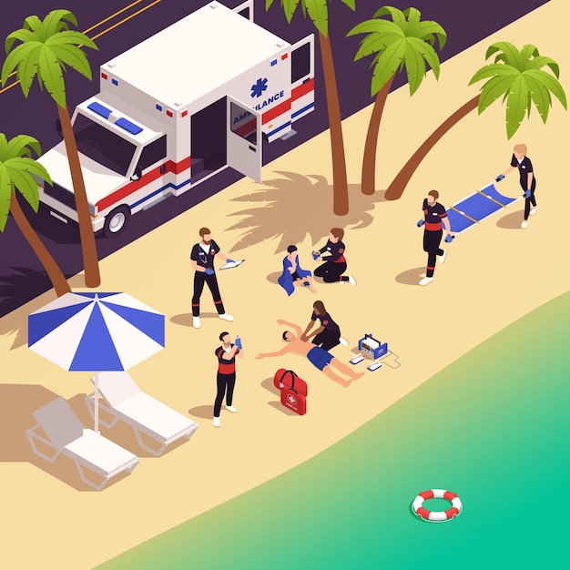 Eerste hulp isometrische achtergrond met paramedici die eerstelijnsgezondheidszorg verlenen aan vakantiegangers op strand vectorillustratie