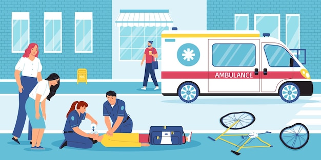 Gratis vector eerste hulp platte samenstelling met ambulance auto en paramedici artsen vector illustratie