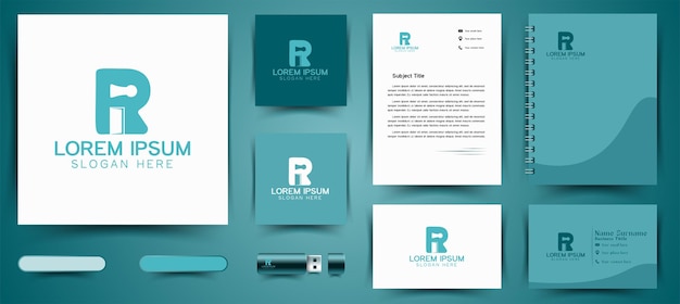 Eerste r, hele sleutel, geopende deur logo en business branding sjabloon ontwerpen inspiratie geïsoleerd op witte achtergrond