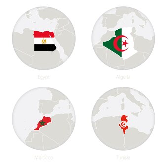 Egypte, algerije, marokko, tunesië kaart contour en nationale vlag in een cirkel. vectorillustratie.