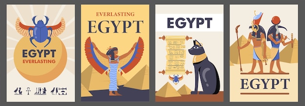 Egypte posters instellen. egyptische piramides, katten, goden, isis, scarabee vectorillustraties met tekst. sjablonen voor reisfolders of brochures