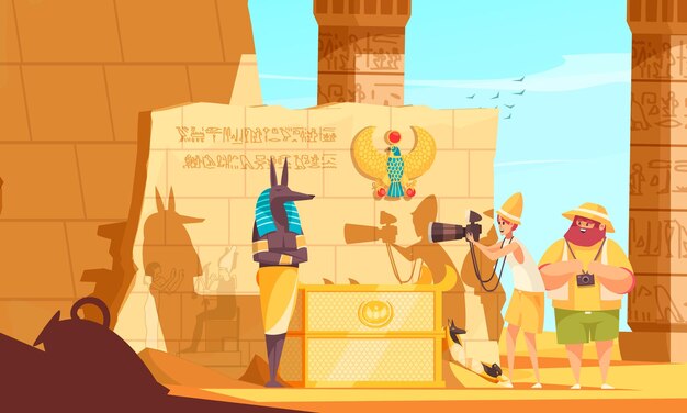 Egypte reizen cartoon samenstelling met begrafenis kamer bezoekers die dood god sculptuur foto maken in de buurt van farao graf