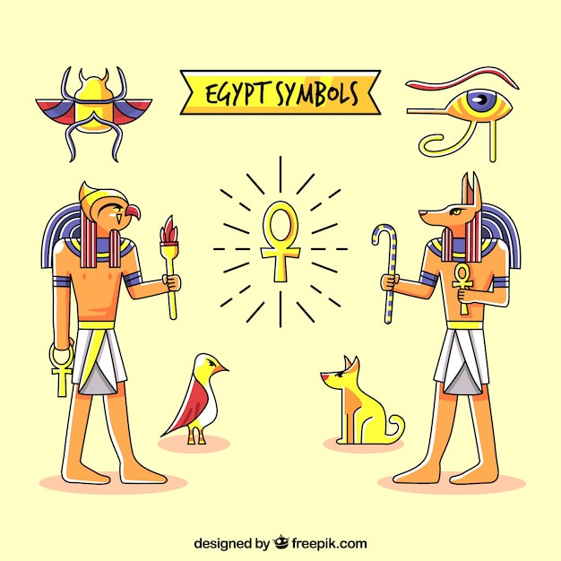 Gratis vector egypte symbolen en goden in de hand getrokken stijl