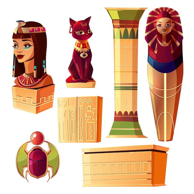 Gratis vector egyptische cartoon set - buste van koningin, farao sarcofaag, oude pijler