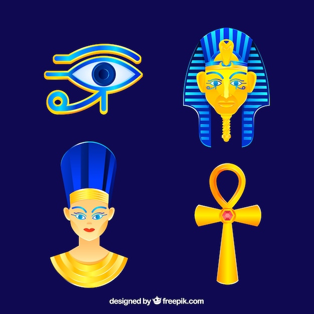 Gratis vector egyptische goden en symbolenverzameling met vlak ontwerp