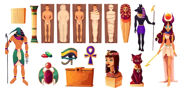 Egyptische goden thoth en hathor. oude attributen van cultuur en religie ingesteld.