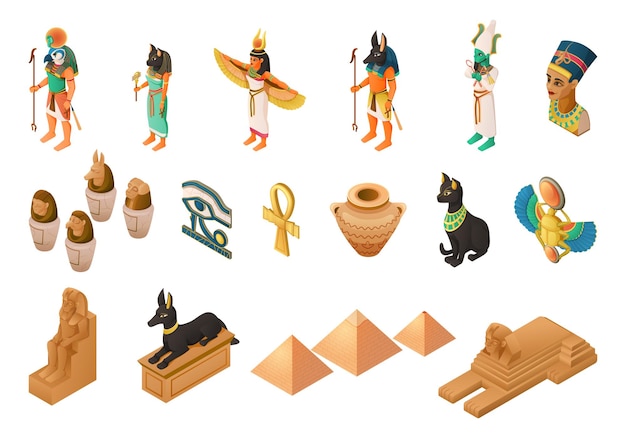 Gratis vector egyptische mythologie isometrische set van goden nefertiti oog van horus anubis hond graf ankh koptisch kruis geïsoleerde vectorillustratie