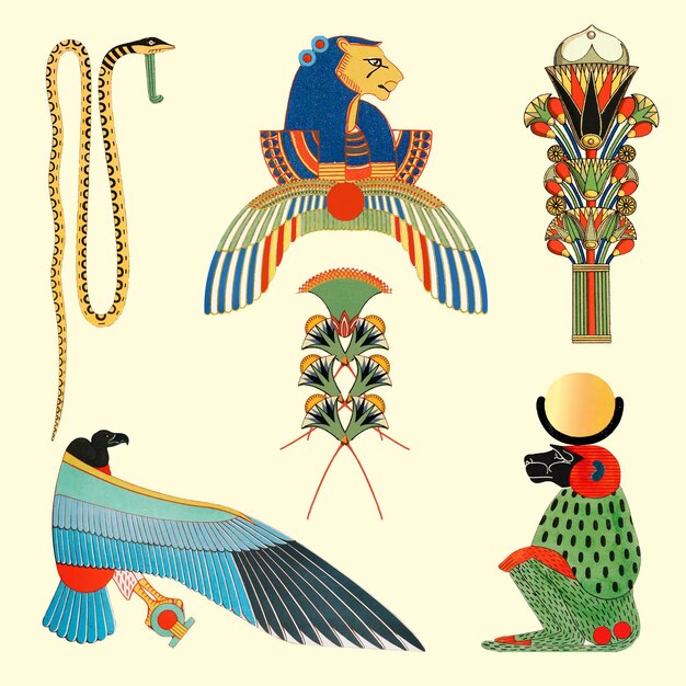 Egyptische ontwerpillustratieset, geremixt van kunstwerken uit het publieke domein