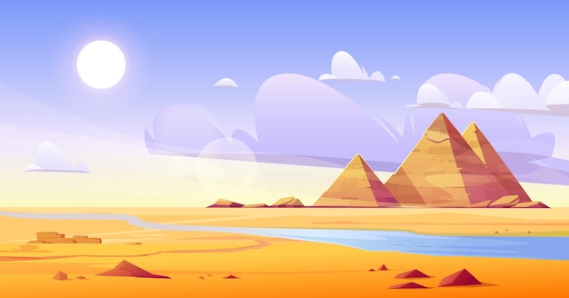 Gratis vector egyptische woestijn met rivier en piramides