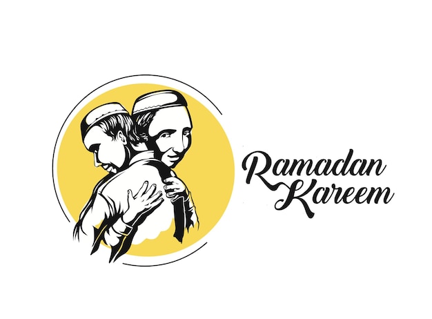 Eid moslimman knuffelt en wenst elkaar bij gelegenheid met Ramadan Kareem-tekst