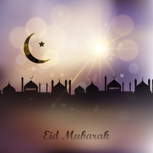 Gratis vector eid mubarak achtergrond met landschap van moskeeën