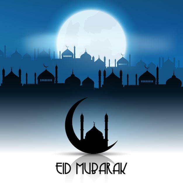 Gratis vector eid mubarak-achtergrond met moskeelandschap