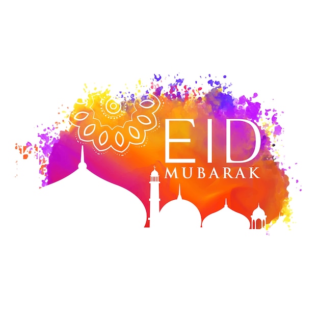 Gratis vector eid mubarak aquarel achtergrond met moskee silhouet