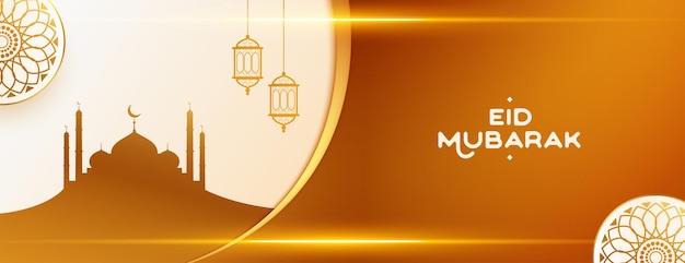 Eid Mubarak-banner met glanzende lichtenmoskee en lantaarns