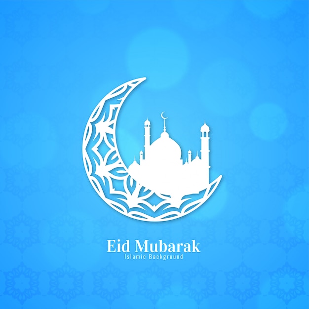 Eid mubarak blauwe achtergrond met halve maan ontwerp