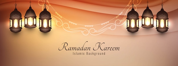 Gratis vector eid mubarak decoratieve banner met lantaarns