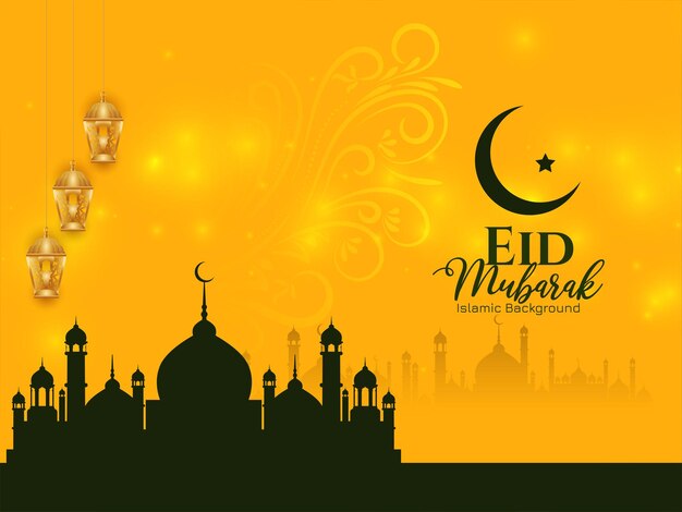 Eid Mubarak festival glanzende gele achtergrond met moskee vector