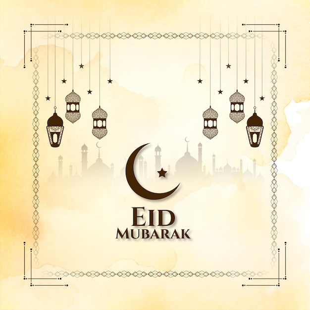 Gratis vector eid mubarak festival wenskaart met lantaarns