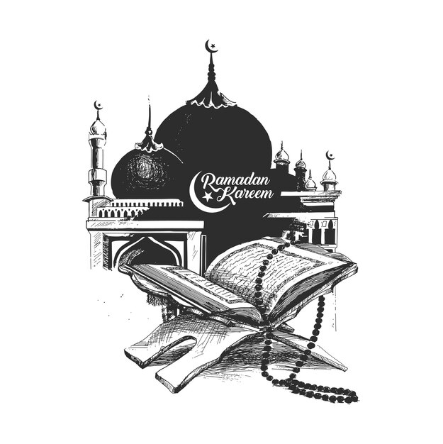 Eid Mubarak Het heilige boek van de Koran op de stand Hand getrokken schets vectorillustratie