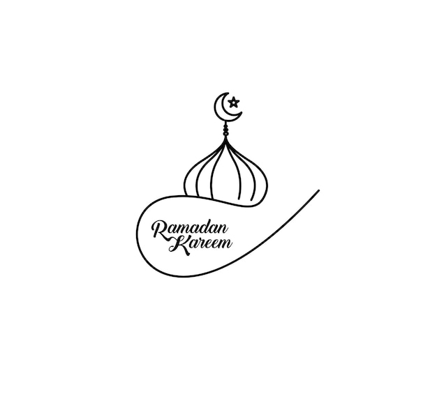 Gratis vector eid mubarak line art kalligrafie stijlvolle belettering ramadan kareem tekst maan met moskee vectorillustratie