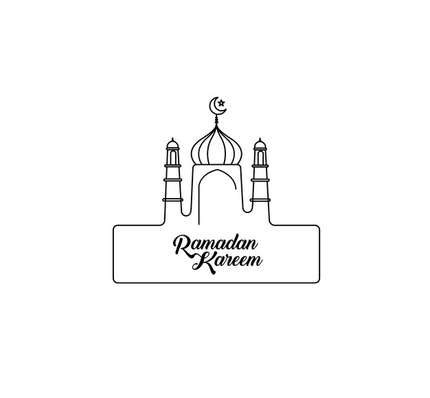 Eid Mubarak Line Art Kalligrafie Stijlvolle belettering Ramadan Kareem Tekst Maan met Moskee Vectorillustratie