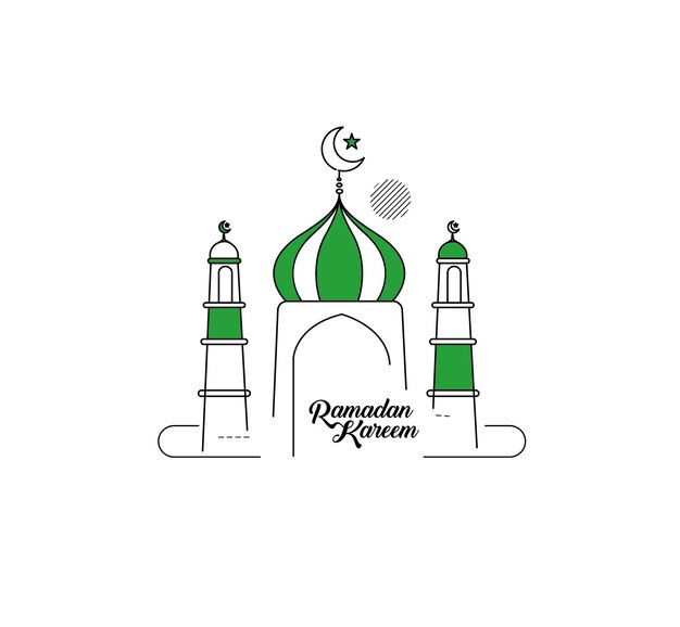 Eid Mubarak Line Art Kalligrafie Stijlvolle belettering Ramadan Kareem Tekst Maan met Moskee Vectorillustratie