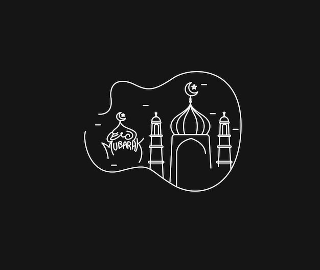 Eid Mubarak Line Art Kalligrafie Stijlvolle belettering Ramadan Kareem Tekst Maan met Moskee Vectorillustratie