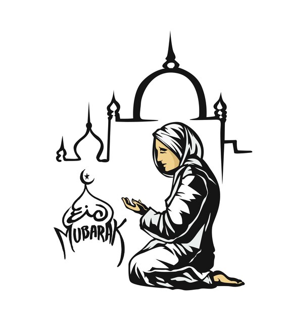 Eid Mubarak moslimvrouw die hijab draagt, bidt namaz islamitisch gebed achtergrondsjabloon