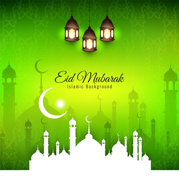 Eid Mubarak, religieuze islamitische silhouetten met groene achtergrond