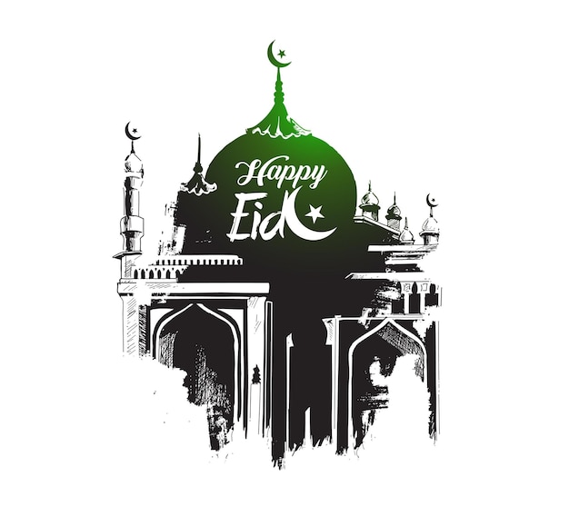 Gratis vector eid mubarak viering kalligrafie stijlvolle belettering ramadan kareem tekst met moskee vector illustratie