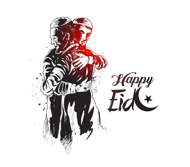 Gratis vector eid viering moslim man knuffelen en wensen elkaar bij gelegenheid vector illustratie