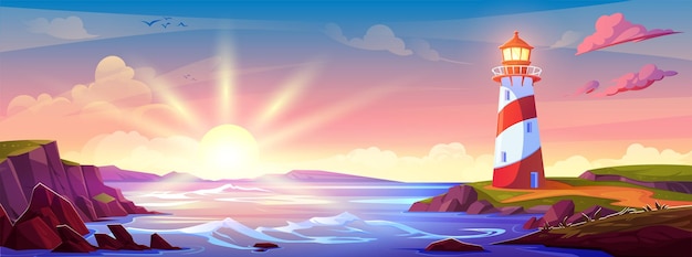 Gratis vector eiland kust met vuurtoren op zonsondergang vector illustratie vuurtoren boven roze hemel en gele zonneschijn vreedzame kust landschap achtergrond nautische rots kustlijn in de avond ontwerp