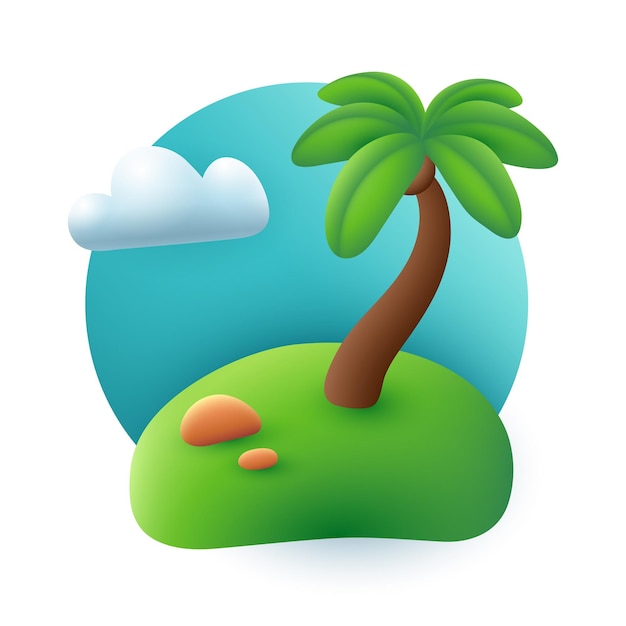 Gratis vector eiland met palmboom 3d illustratie. cartoon tekening van land met gras en palmboom, paradijs voor vakantie in 3d-stijl op witte achtergrond. reizen, vakantie, toerisme, avontuur concept