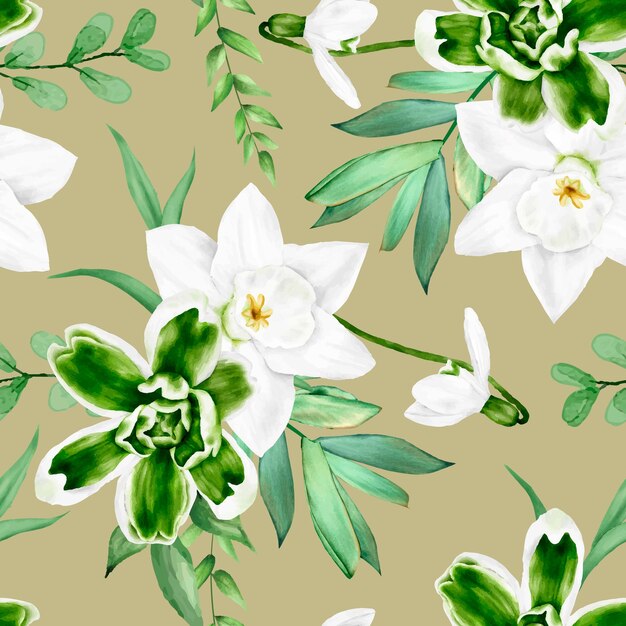 elegant aquarel witte bloem en groene bladeren naadloos patroonontwerp