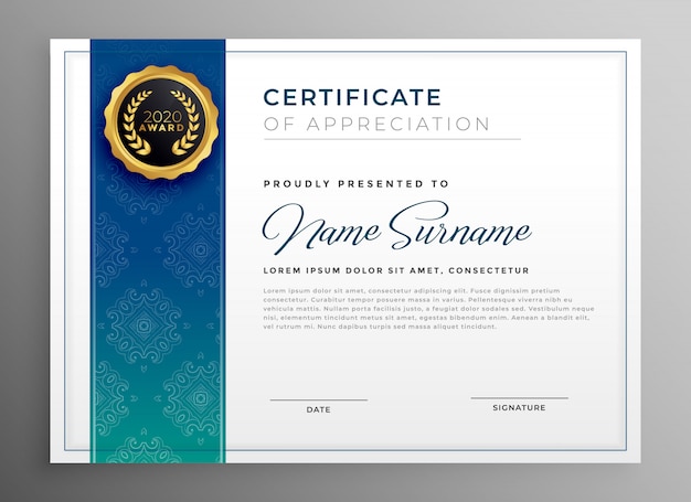 Elegant blauw certificaat van appreciatie sjabloon vectorillustratie