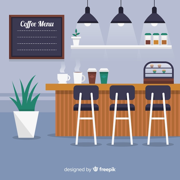 Gratis vector elegant koffiewinkelbinnenland met vlak ontwerp