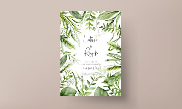 elegante aquarel groen gras en bladeren bruiloft uitnodigingskaart set sjabloon