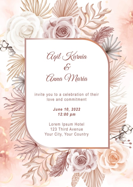 Elegante Boho Engagement Rose aquarel bruiloft uitnodiging sjabloon