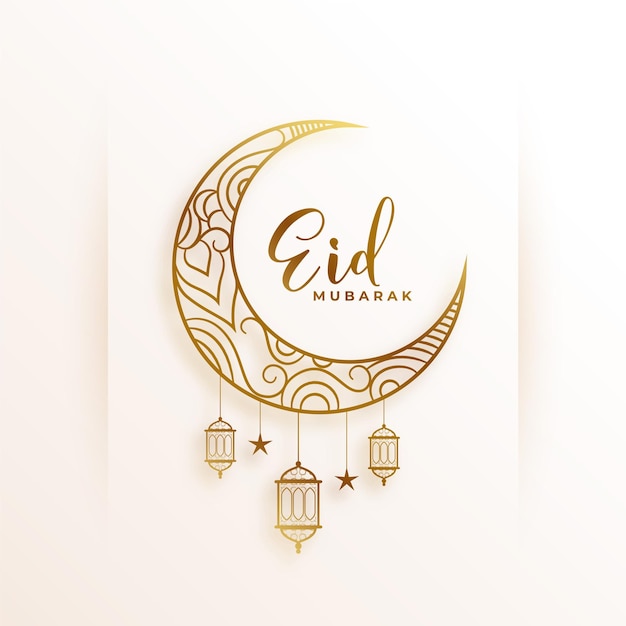 Gratis vector elegante eid mubarak-wenskaart met gouden maan en lantaarn