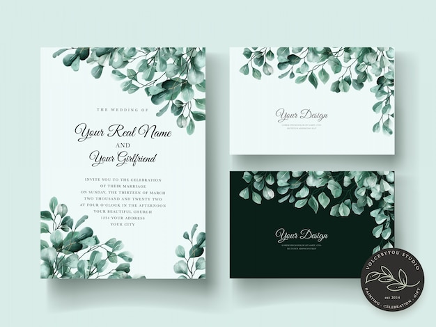 Gratis vector elegante eucalyptus bruiloft uitnodiging kaartenset