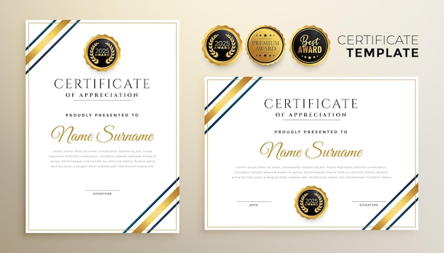 Gratis vector elegante gouden certificaatsjabloon voor multifunctioneel gebruik