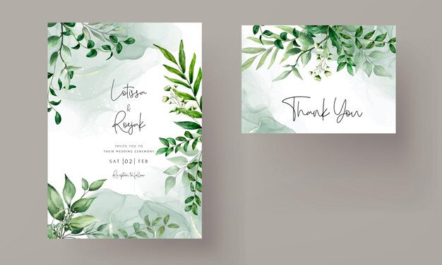elegante handgetekende groene bladeren aquarel bruiloft uitnodigingskaart