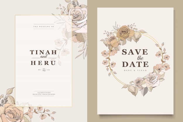 Gratis vector elegante huwelijkskaart met mooie bloemen en bladerensjabloon