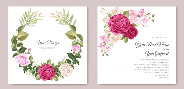 elegante huwelijkskaart met mooie bloemen en bladerensjabloon