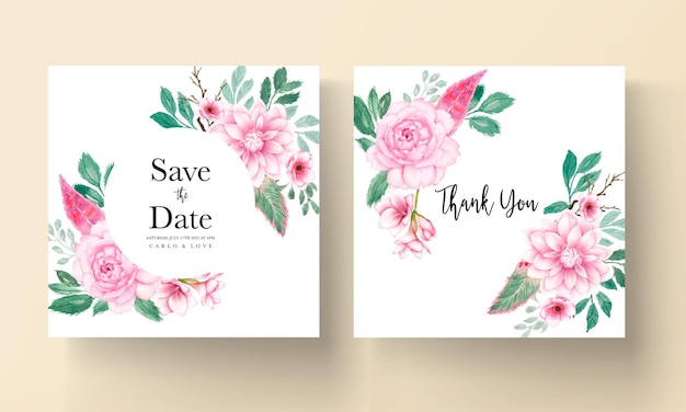 elegante huwelijksuitnodigingskaart met zachtroze aquarel bloemenornament